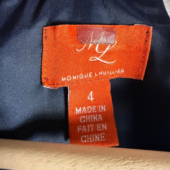 Monique Lhuillier Navy Blue Lace Satin Short Sleeve A-Line V-Neck Ball Gown 4 - Picture 13 of 13